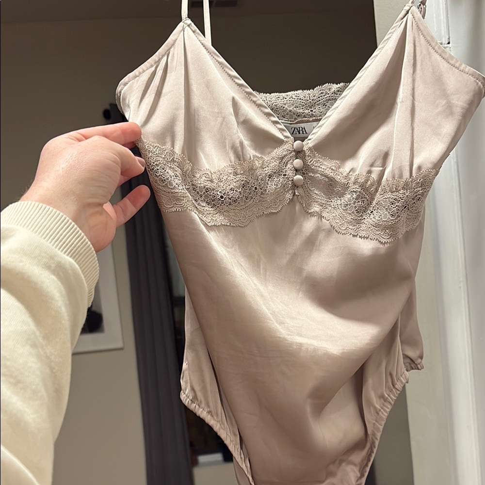 Elegant Lace Trim Satin Bodysuit